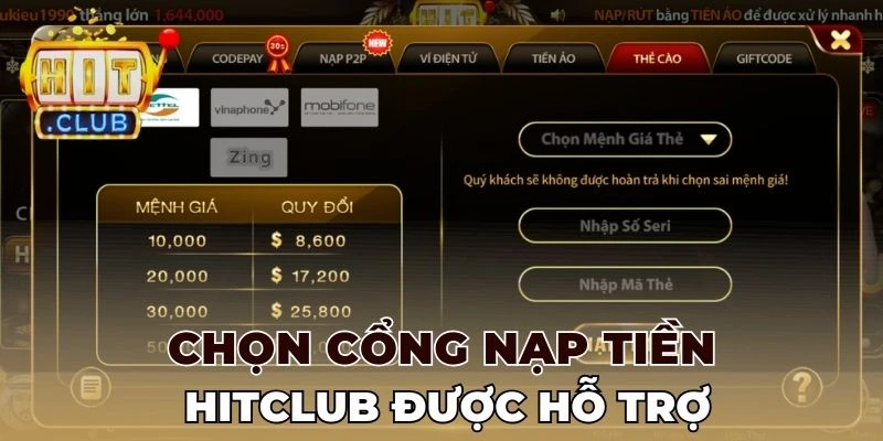 Chọn cổng nạp tiền Hitclub được hỗ trợ