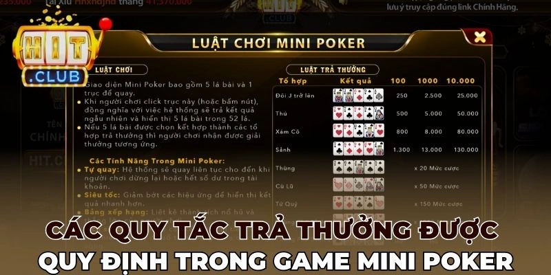 Các quy tắc trả thưởng được quy định trong game Mini poker